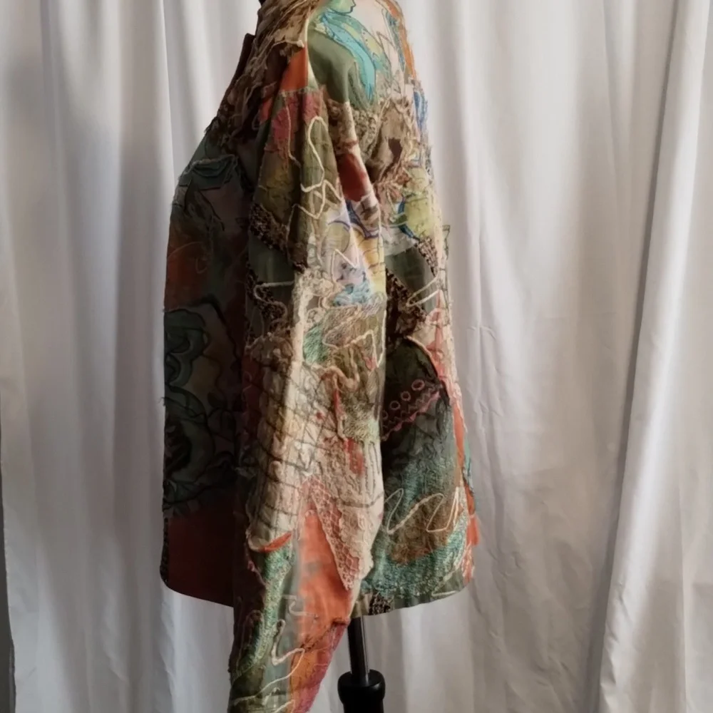 Chico's mandarin button front tapestry patchwork cotton loose fitting jacket top - Picture 7 of 10